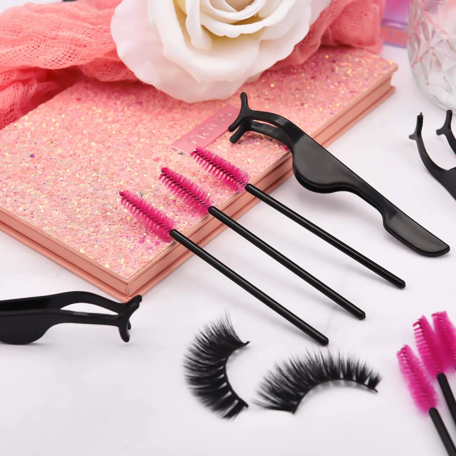 24 Pieces Plastic Eyelash Extension Tweezers False Eyelash Applicator Tool Eyelash Auxiliary Clip and 100 Pieces Eyelash Brush Mascara Wands Applicator for Eyelash Application (Black) Black