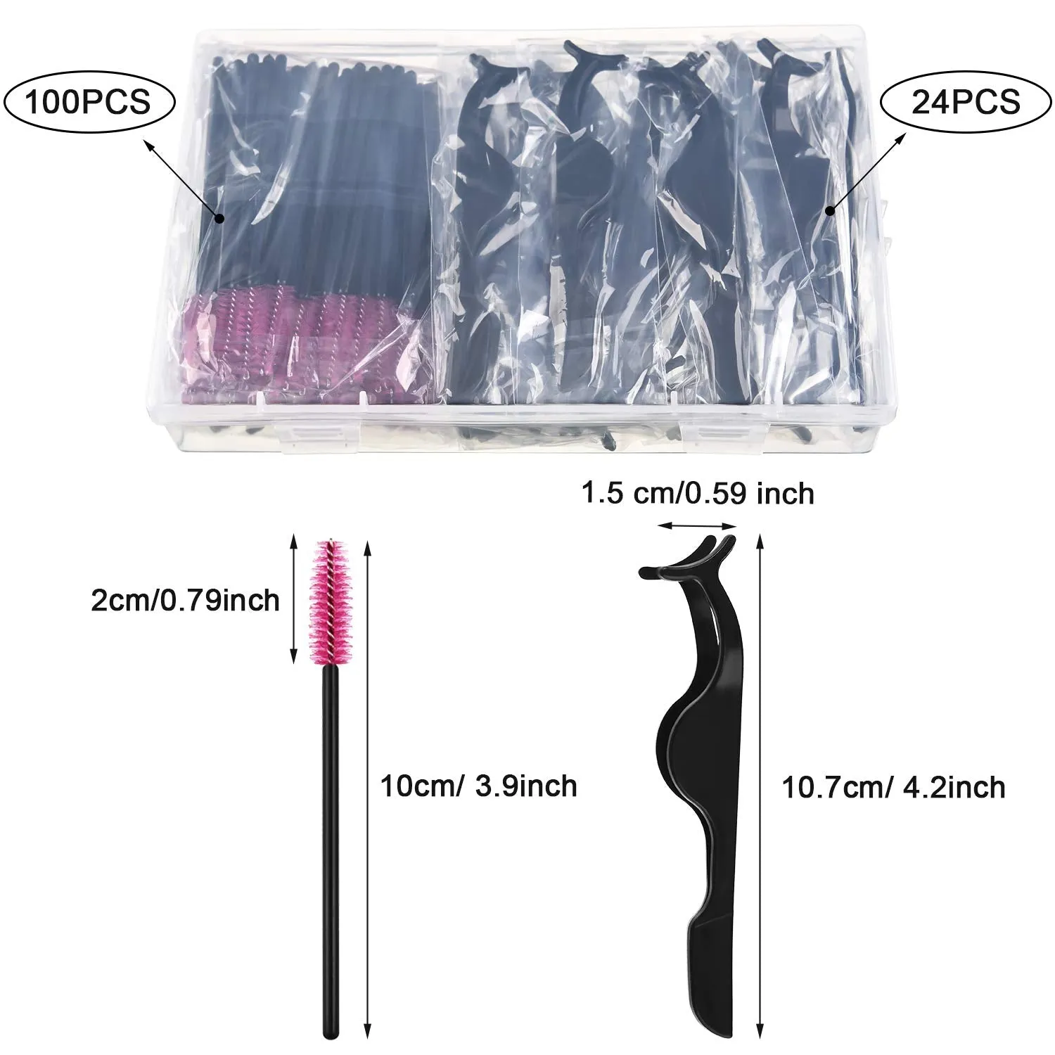 24 Pieces Plastic Eyelash Extension Tweezers False Eyelash Applicator Tool Eyelash Auxiliary Clip and 100 Pieces Eyelash Brush Mascara Wands Applicator for Eyelash Application (Black) Black
