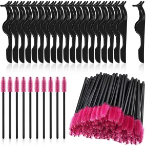 24 Pieces Plastic Eyelash Extension Tweezers False Eyelash Applicator Tool Eyelash Auxiliary Clip and 100 Pieces Eyelash Brush Mascara Wands Applicator for Eyelash Application (Black) Black