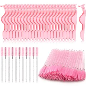24 Pieces Plastic Eyelash Extension Tweezers False Eyelash Applicator Tool Eyelash Auxiliary Clip and 100 Pieces Eyelash Brush Mascara Wands Applicator for Eyelash Application (Pink) Pink