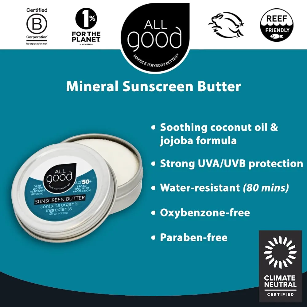 All Good Mineral Face Sunscreen Butter - UVA/UVB Broad Spectrum SPF 50  Water Resistant, Coral Reef Friendly, Organic Ingredients - Zinc, Beeswax, Vitamin E, Coconut Oil (1 oz)(2-Pack) 1 Fl Oz (Pack of 2)
