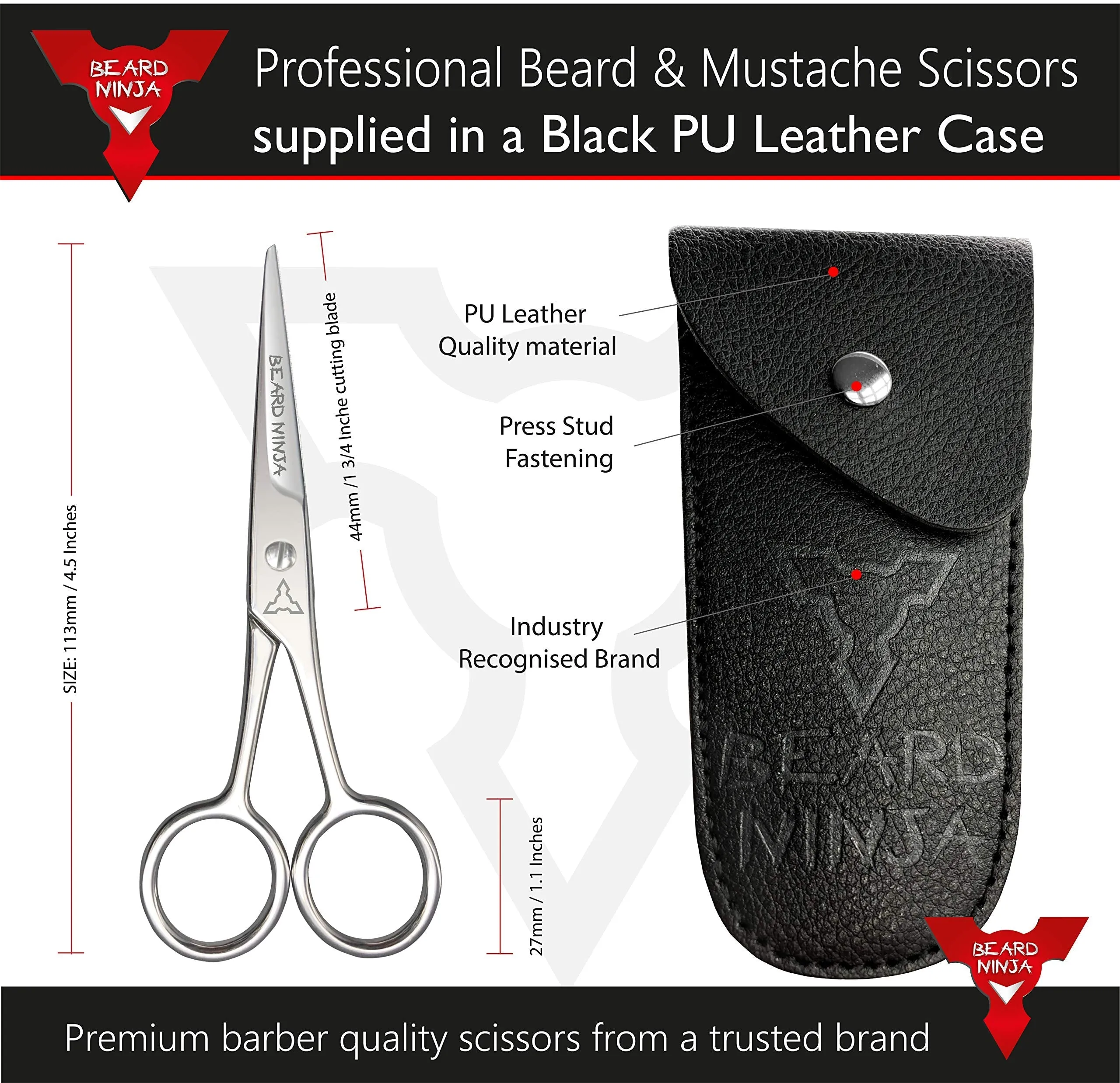 BEARD NINJA - Professional Beard Scissors for Men. Moustache & Beard Trimming Scissors  PU Leather case. Beard Grooming kit. Sharp Scissor - Precise Shaping - Cutting Facial Hair, Nose Hair & Eyebrow 4.5 Inch Black Carry Case