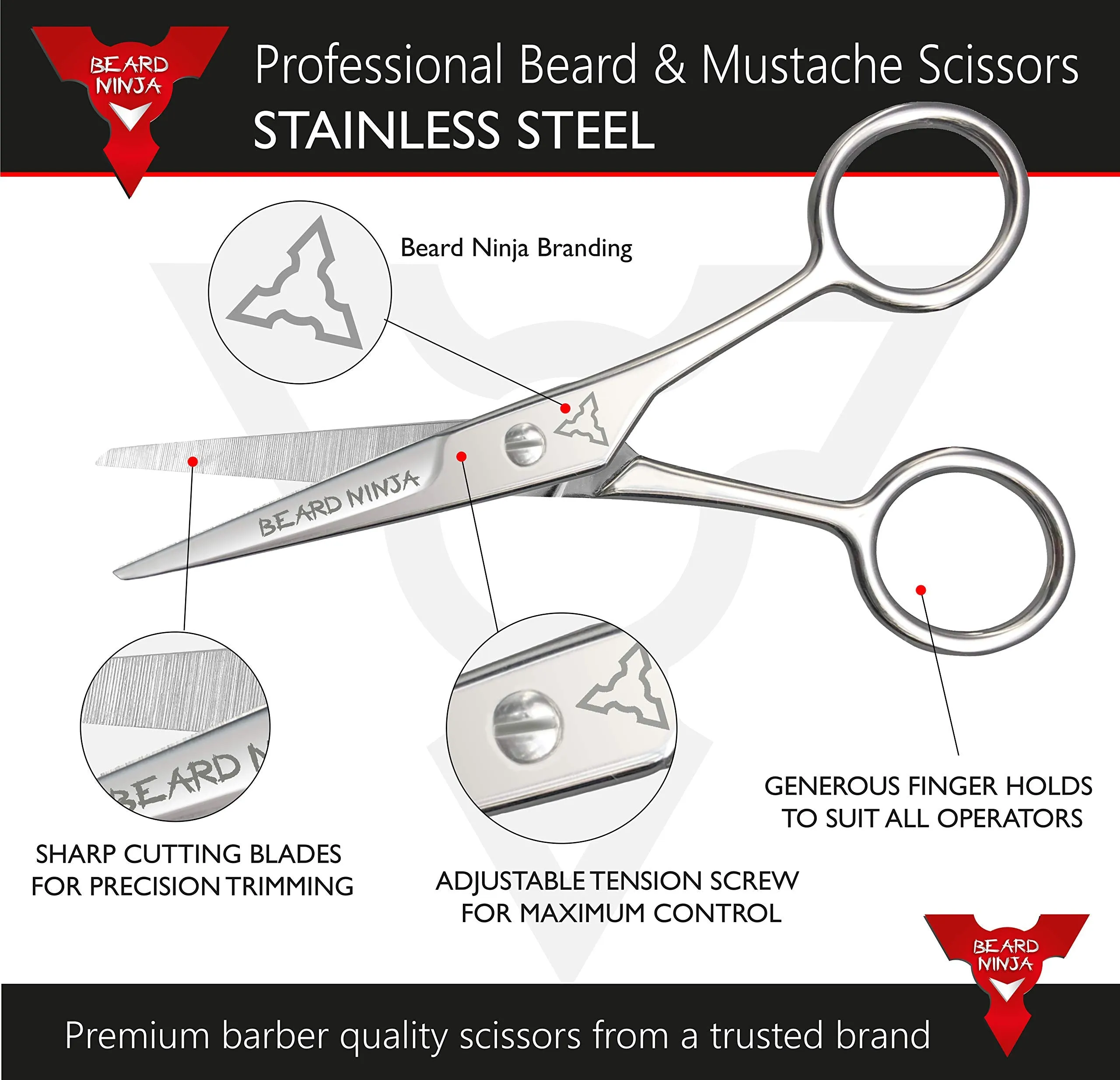BEARD NINJA - Professional Beard Scissors for Men. Moustache & Beard Trimming Scissors  PU Leather case. Beard Grooming kit. Sharp Scissor - Precise Shaping - Cutting Facial Hair, Nose Hair & Eyebrow 4.5 Inch Black Carry Case