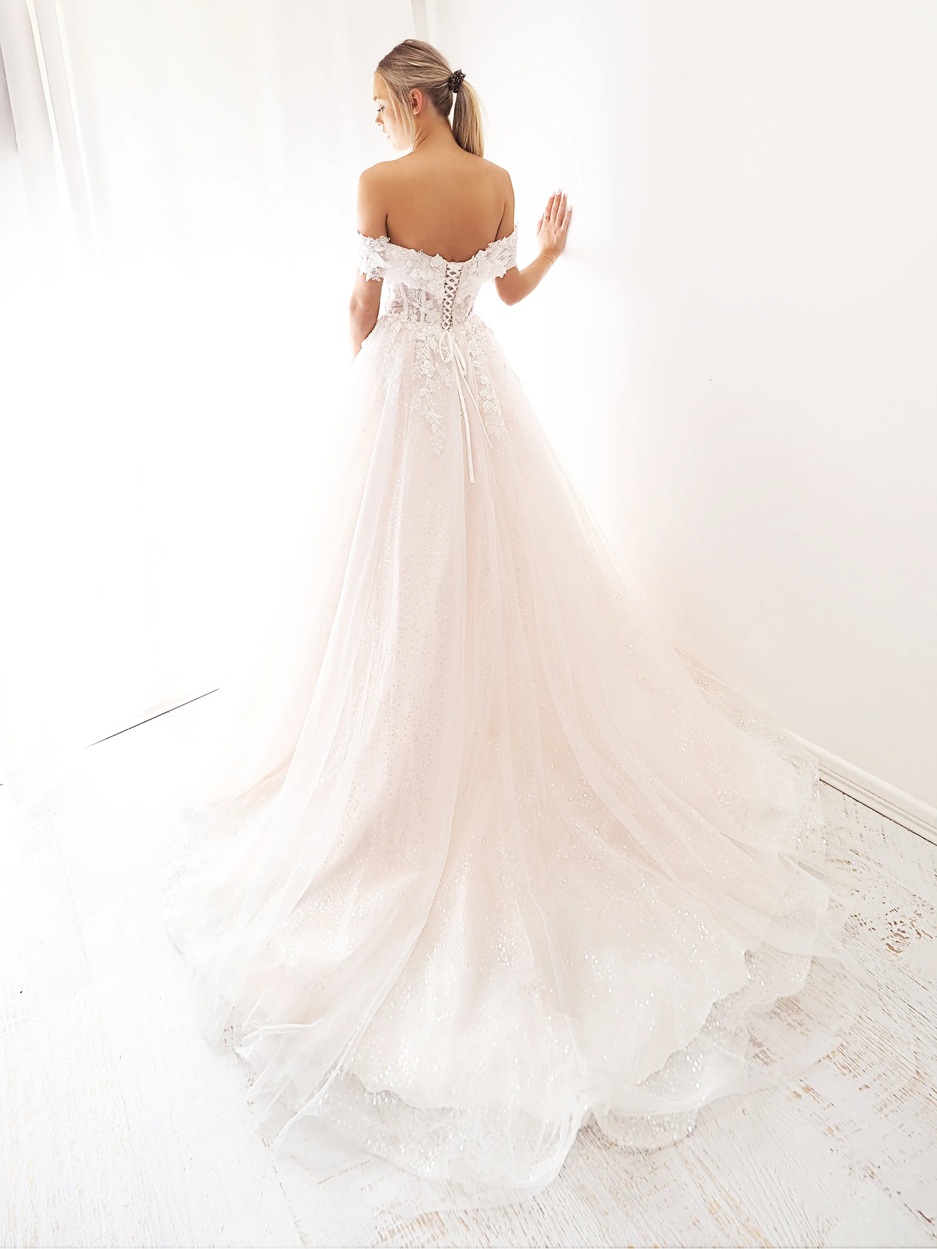 Blush pink off the shoulder princess dress