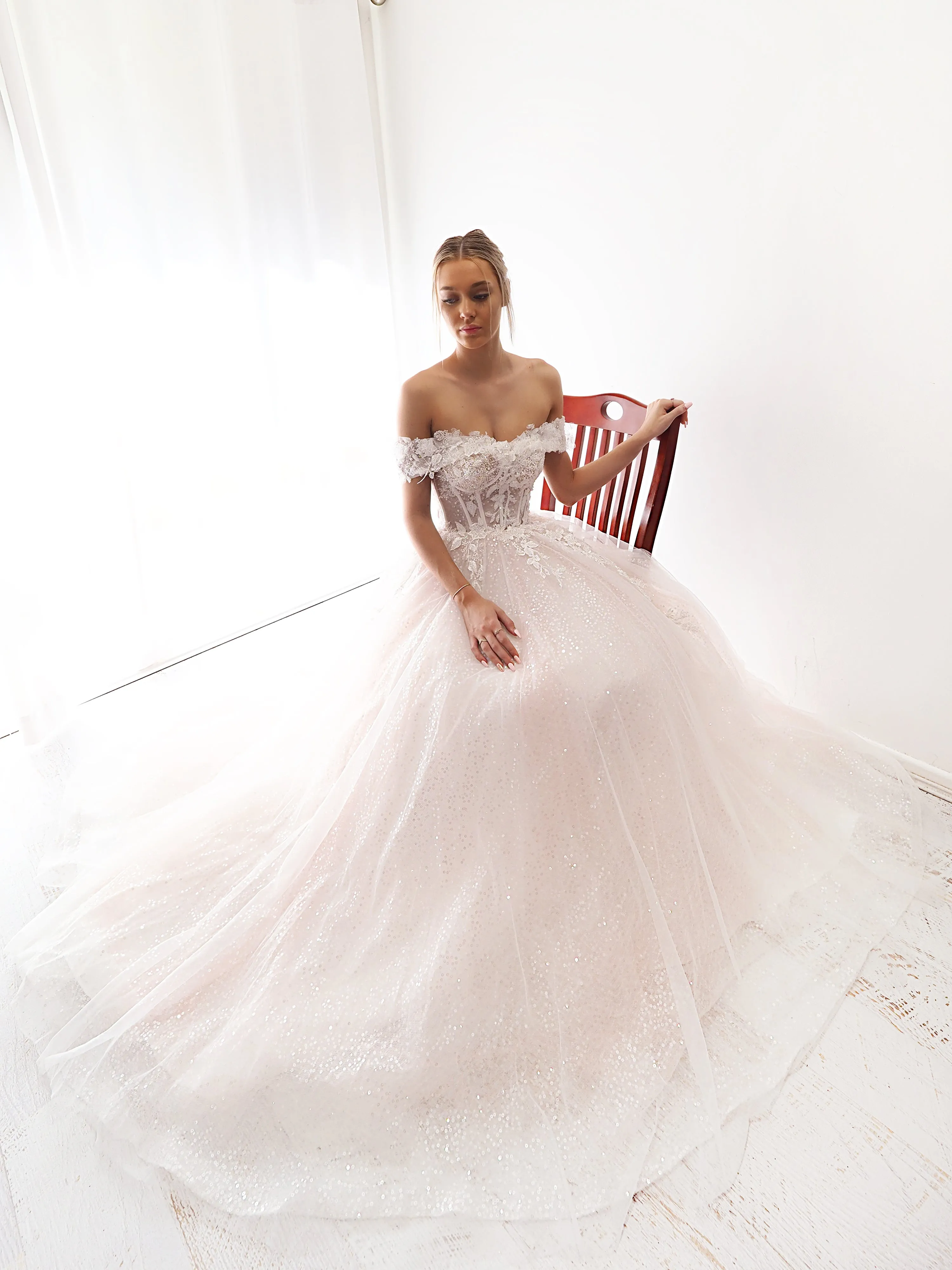Blush pink off the shoulder princess dress