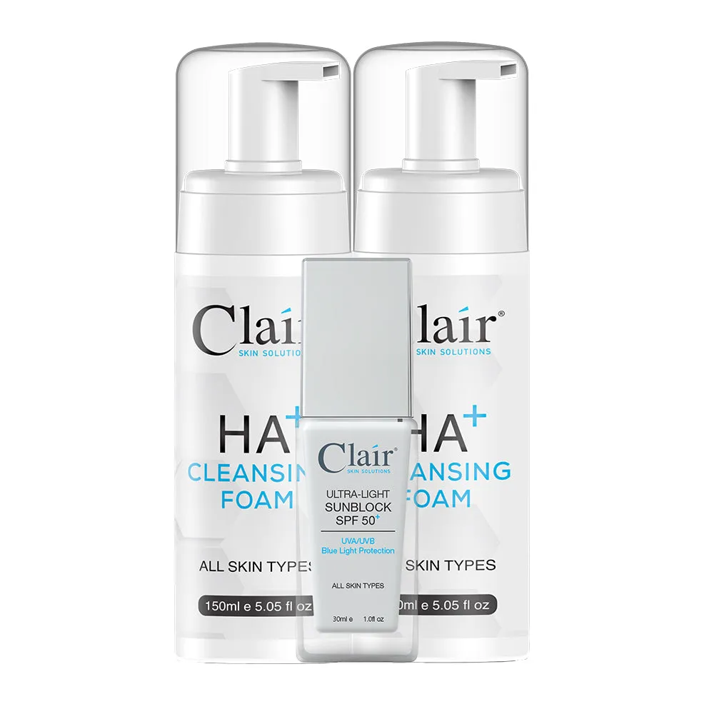 Clair SKIN SOLUTIONS HA  Cleansing Foam 150ml X2 & Ultra-Light Sunblock SPF 50  30ml Set
