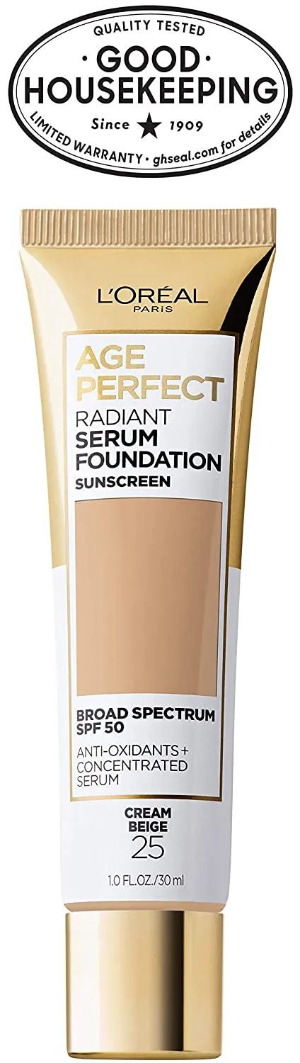 L'Oreal Paris Age Perfect Radiant Serum Foundation with SPF 50, Cream Beige, 1 Ounce